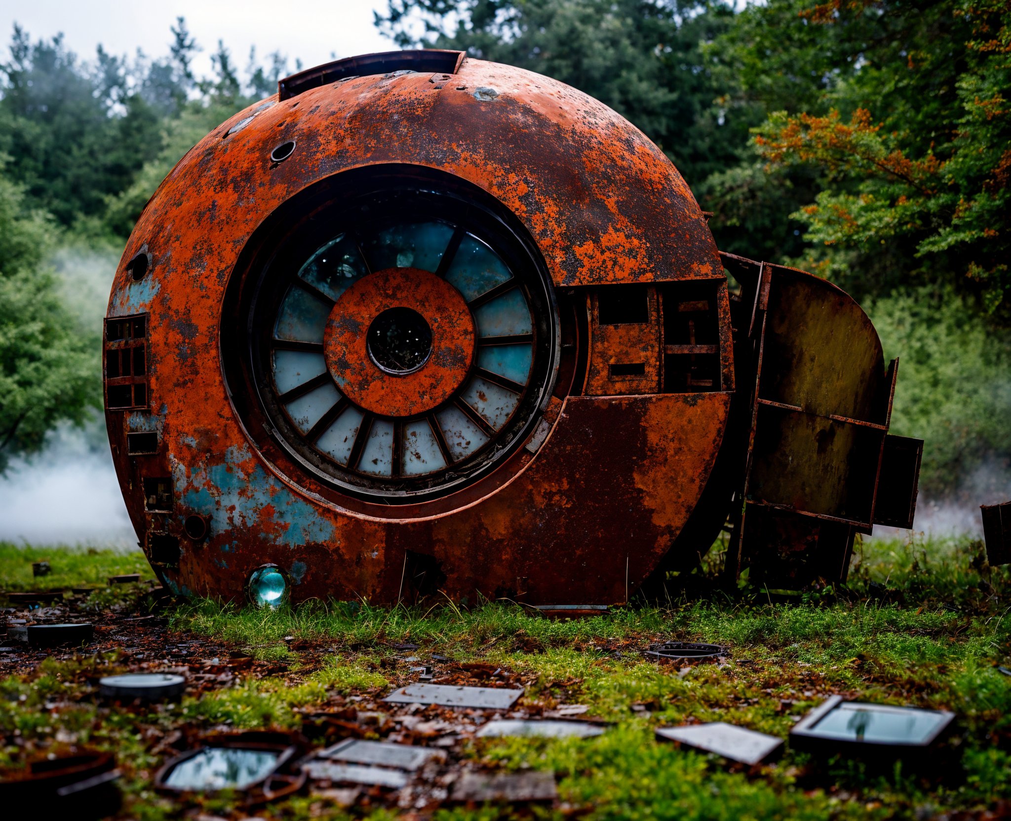 01117-109220847-(raw photo_1.2), an abandoned ancient mechanism with glimpses of metal and glass, fog, exploded scattered robot parts, rust, pac.jpg